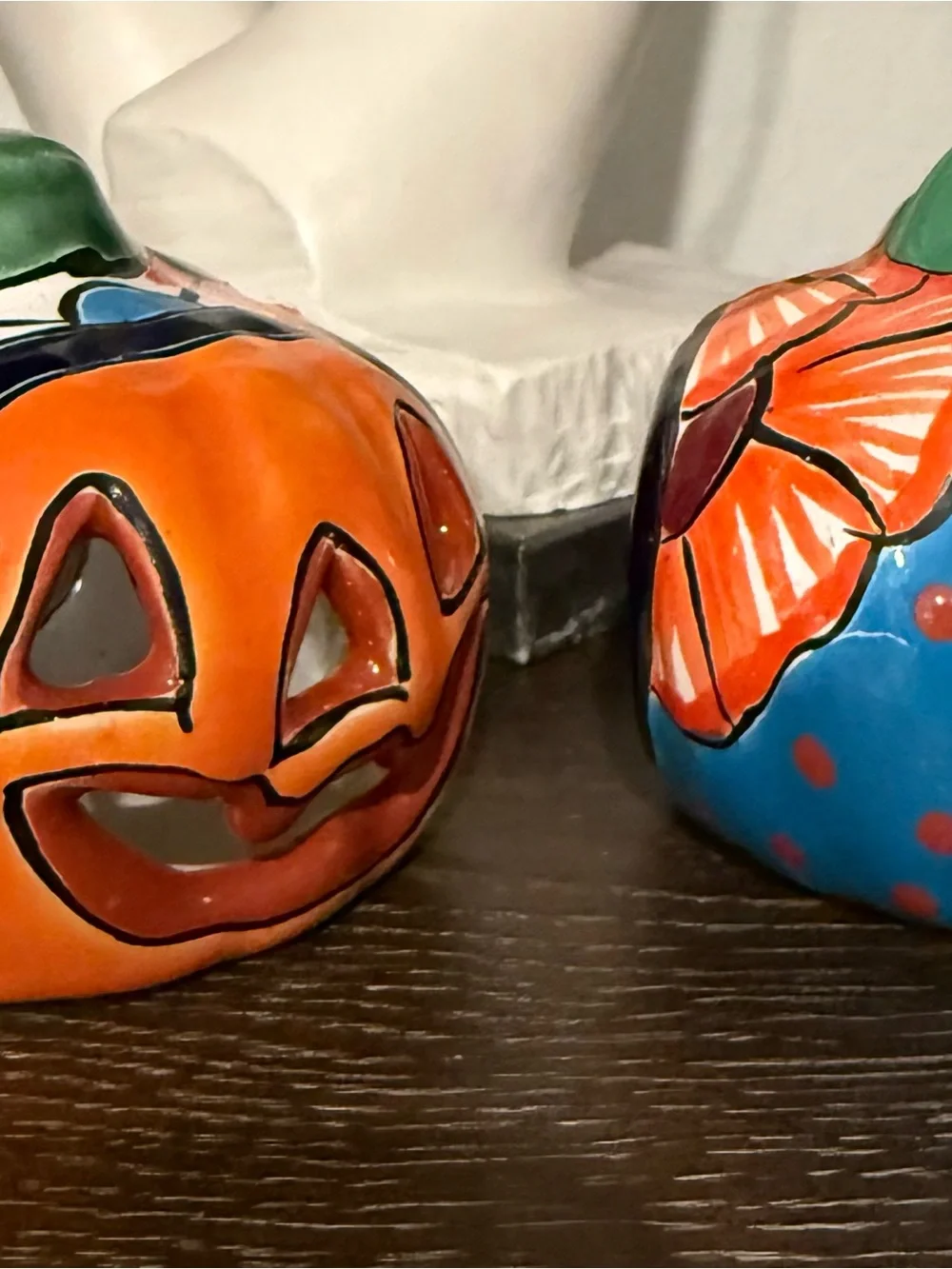 Authentic Talavera Hand-Painted 3.5” Ceramic Jack-O'-Lantern Pair